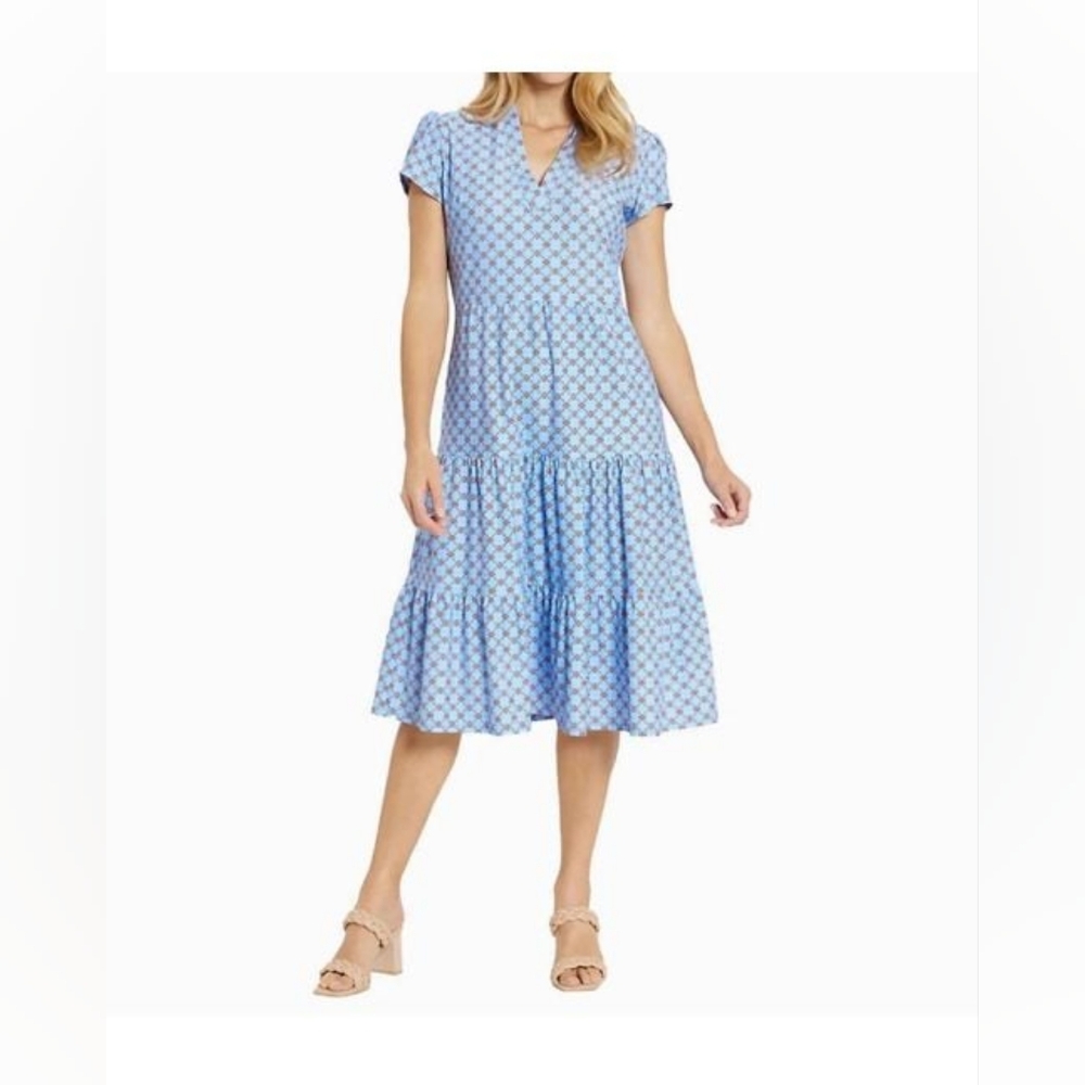 Jude Connally Blue and White Tiered Puff Sleeve Sundress